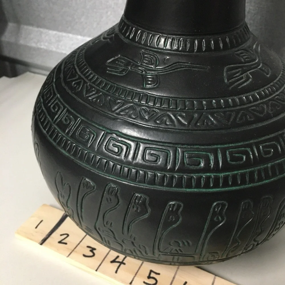 Vintage Lg Carved Embossed Black Pottery Vase Made In Vietnam Birds Lizards Lama